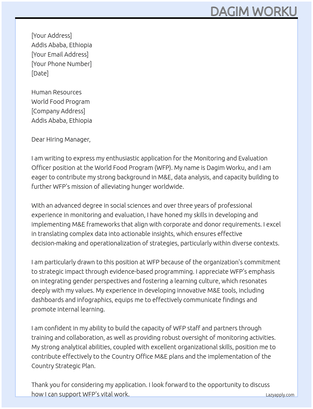 Monitoring and Evaluation Officer At World Food Program Cover Letter