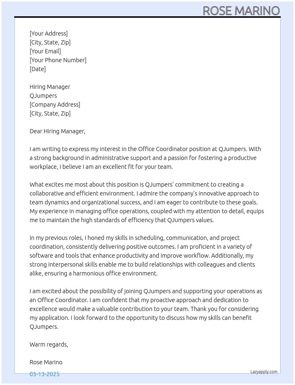 Office Coordinator At QJumpers Cover Letter