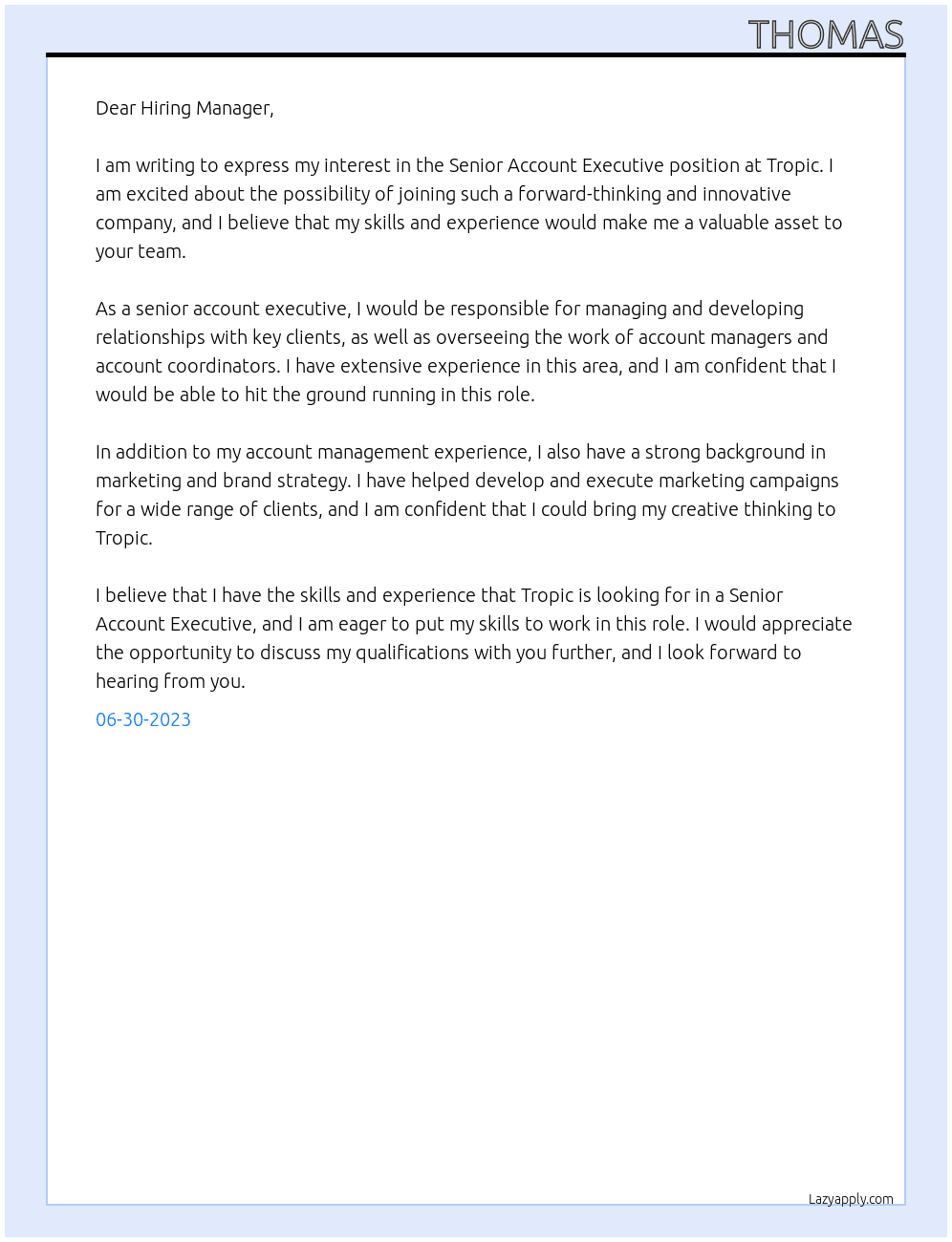 Senior Account Executive At Tropic Cover Letter