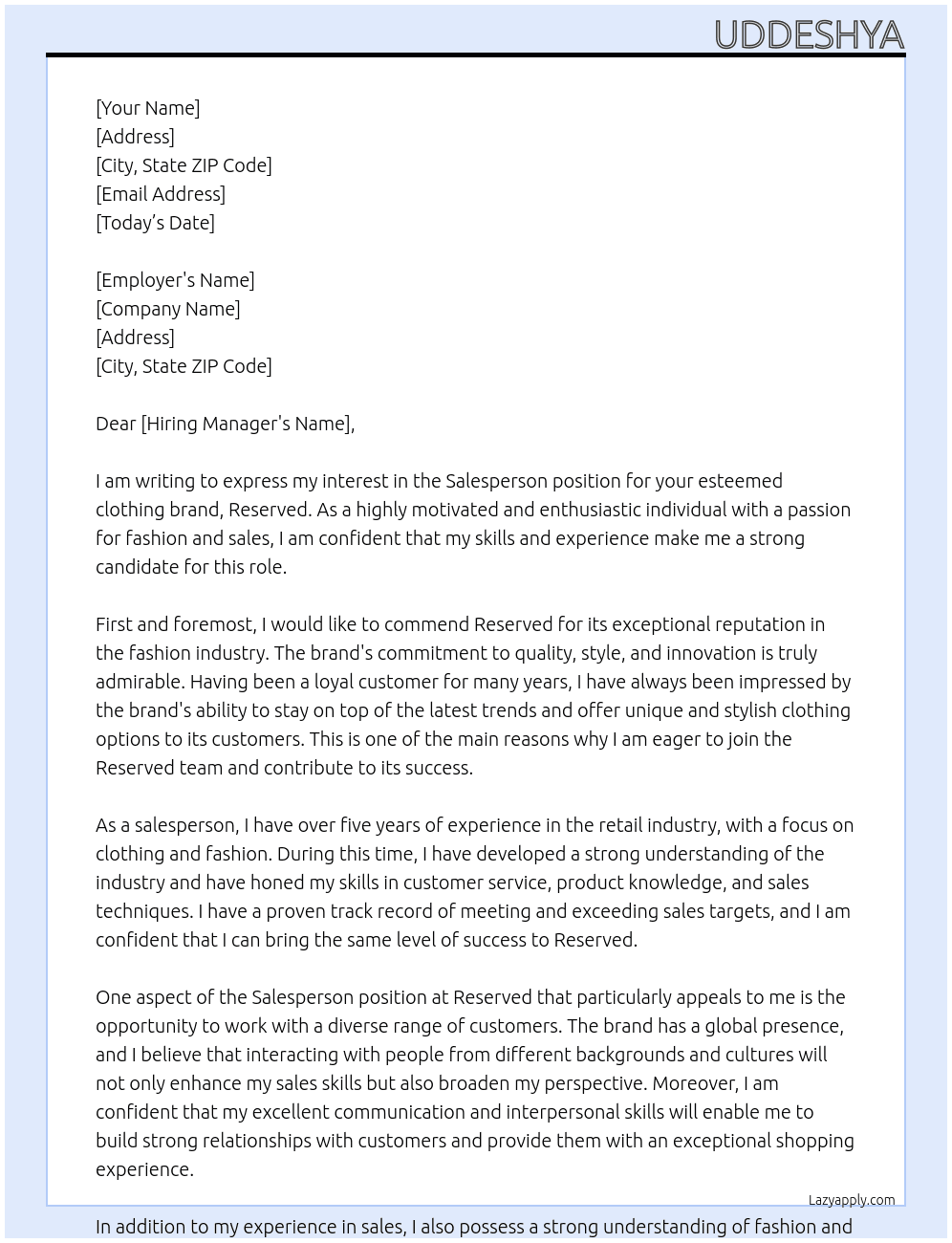 salesperson for clothing brand At Reserved Cover Letter
