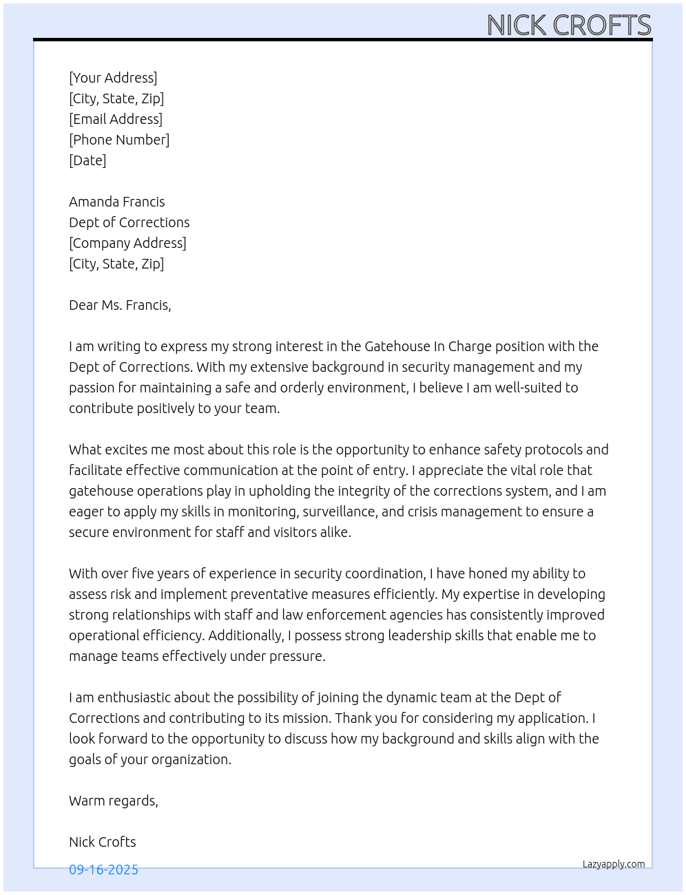 Cover letter for gatehouse incharge - LazyApply