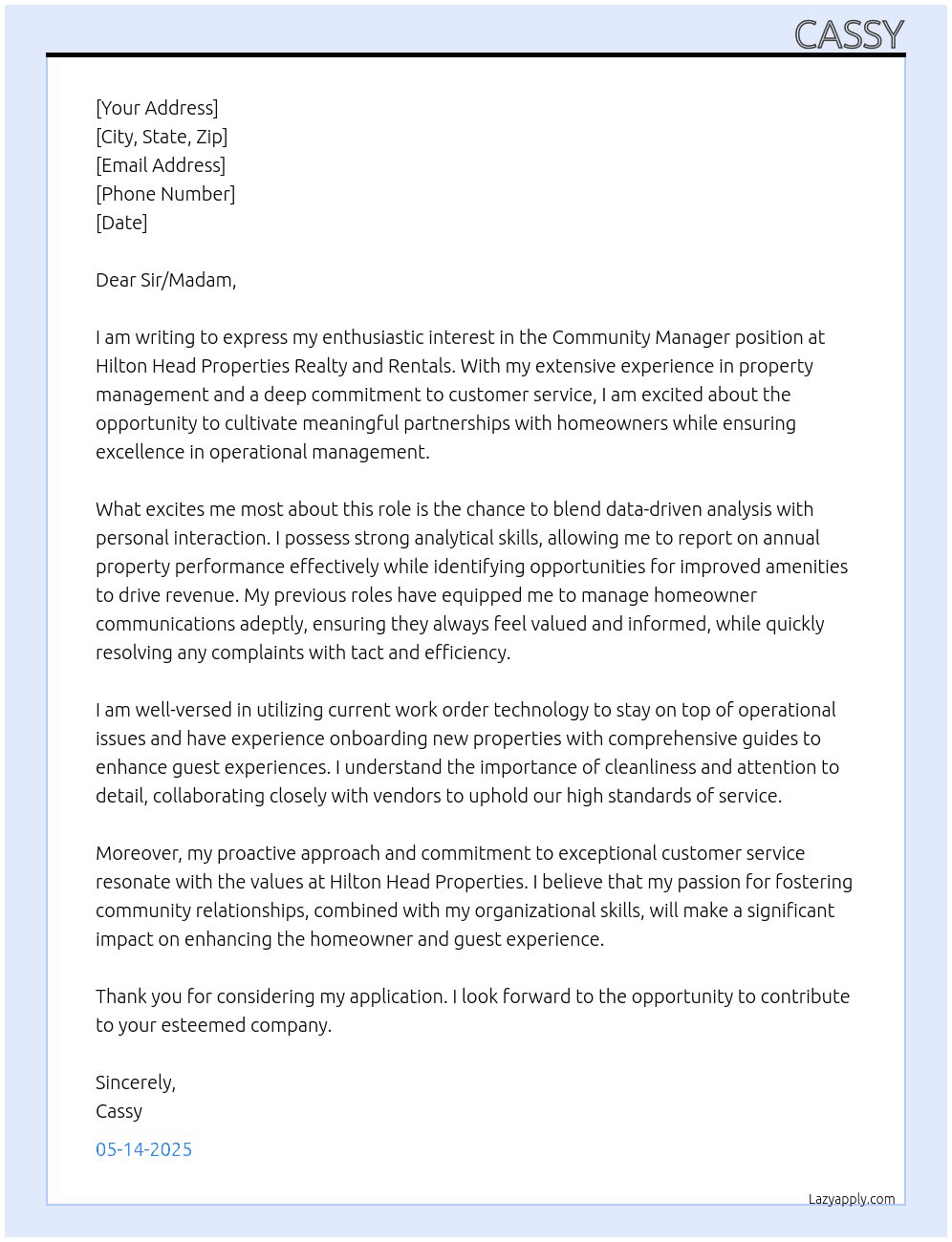 Community Manager At Hilton Head Properties Realty and Rentals Cover Letter