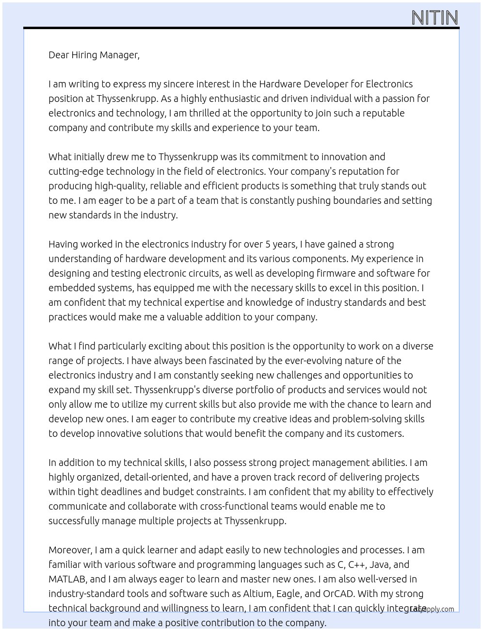 Hardware DEveloper for Electronics At Thyssenkrupp Cover Letter