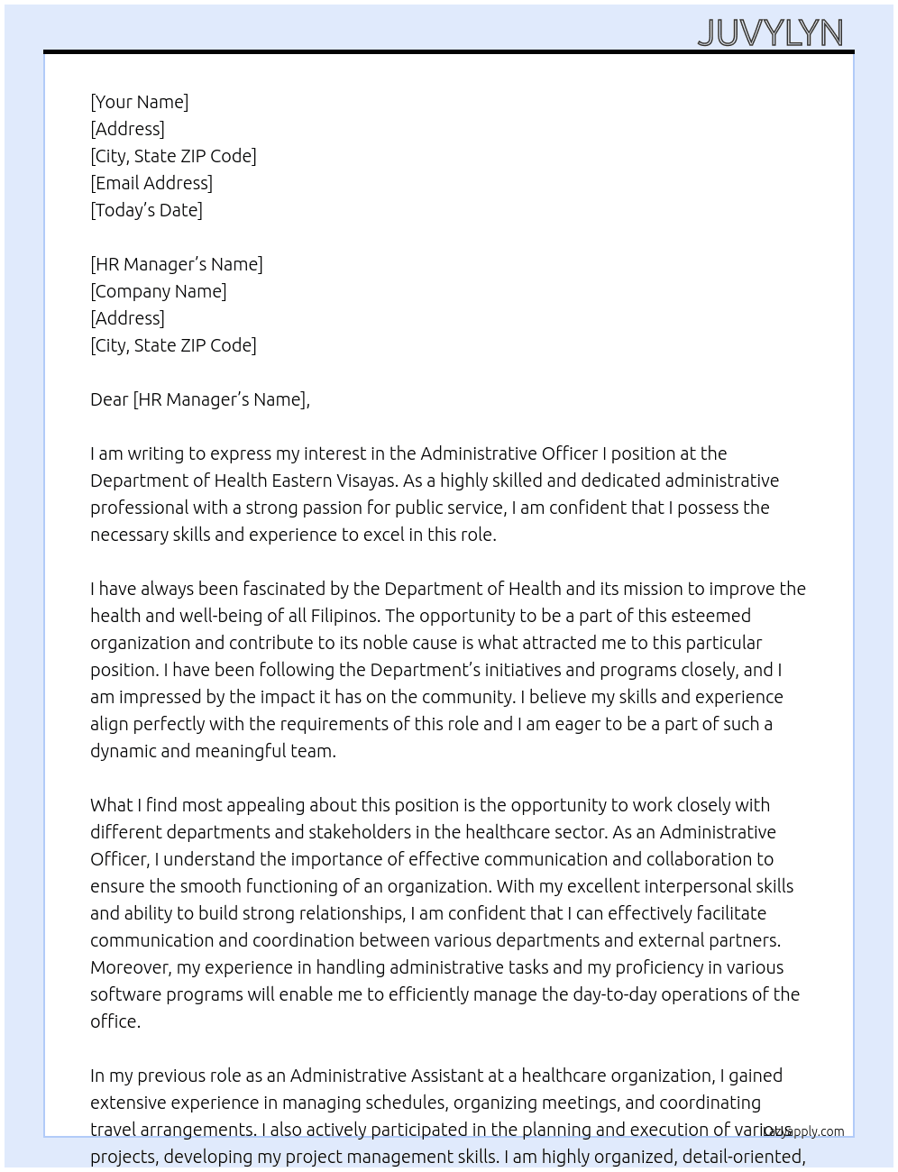 Administrative Officer I  At Department of Health Eastern Visayas  Cover Letter
