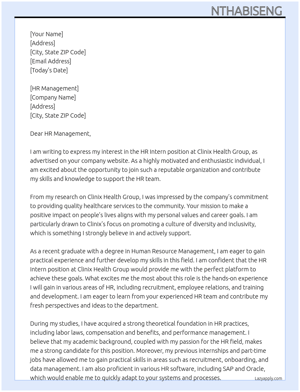 HR Intern At Clinix health group Cover Letter