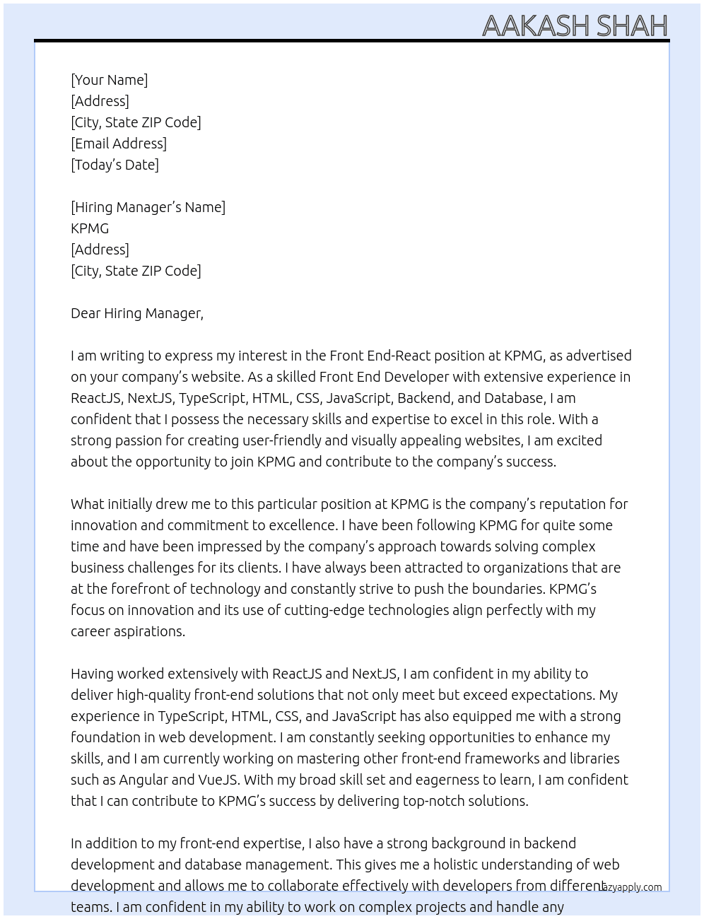 Cover letter for front end-react - LazyApply