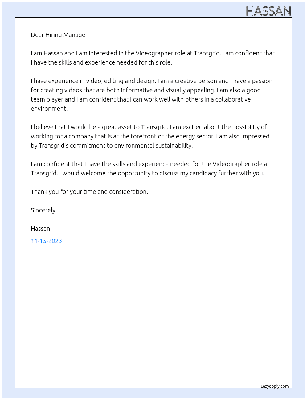 Videographer At Transgrid Cover Letter