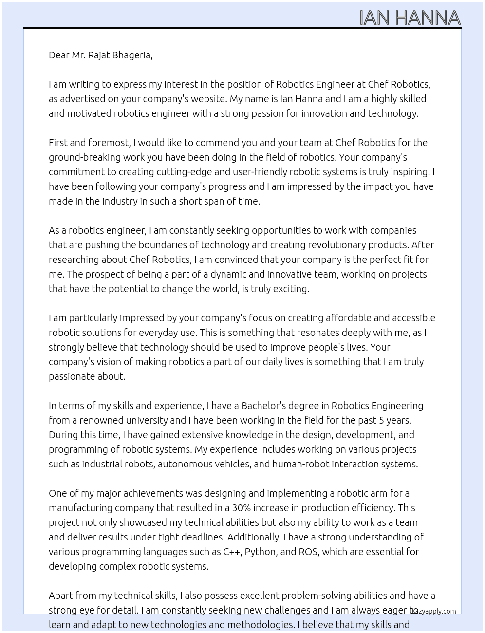 Robotics Engineer At Chef Robotics Cover Letter