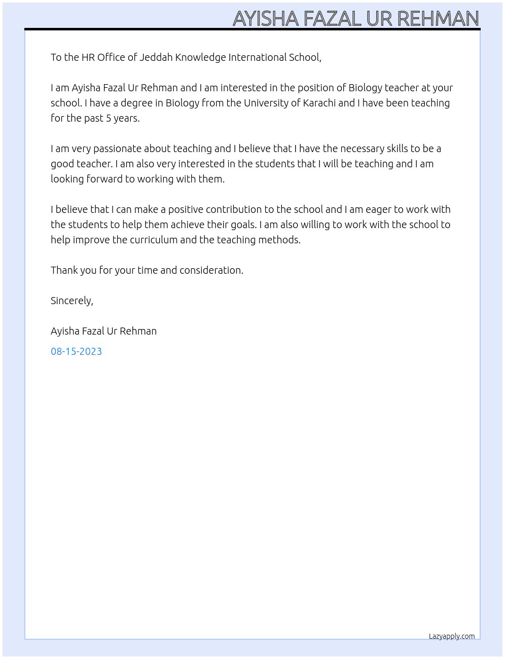 Biology teacher At Jeddah Knowledge International School Cover Letter