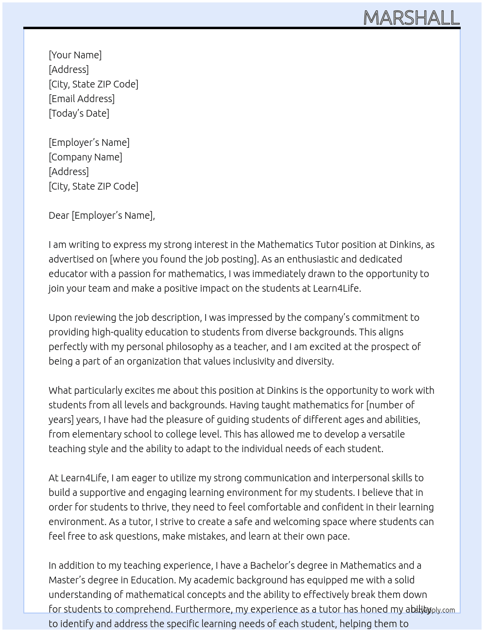 Mathematics Tutor At Dinkins Cover Letter