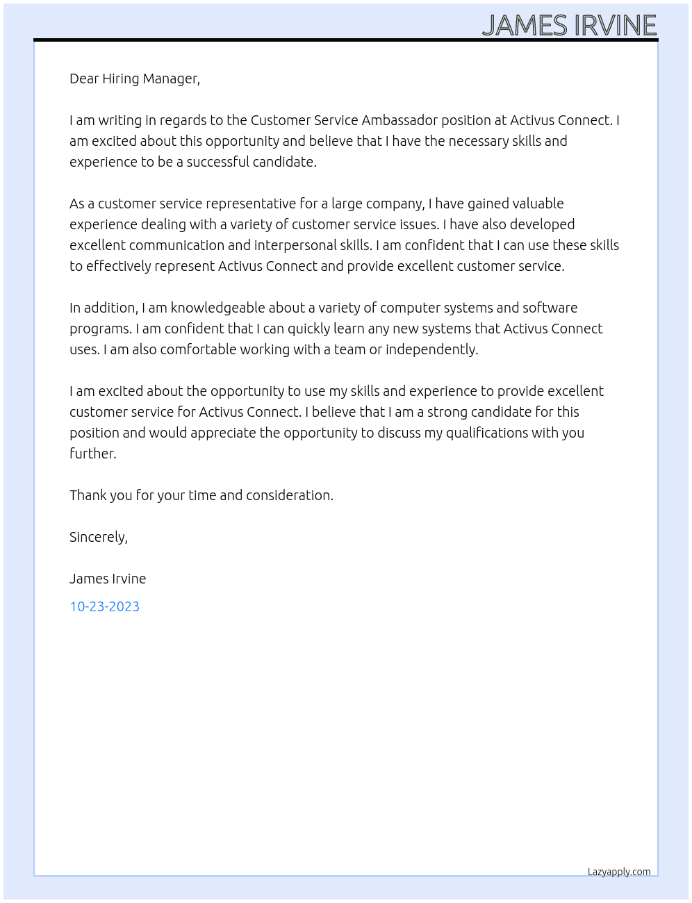 Customer Service Ambassador At Activus Connect Cover Letter