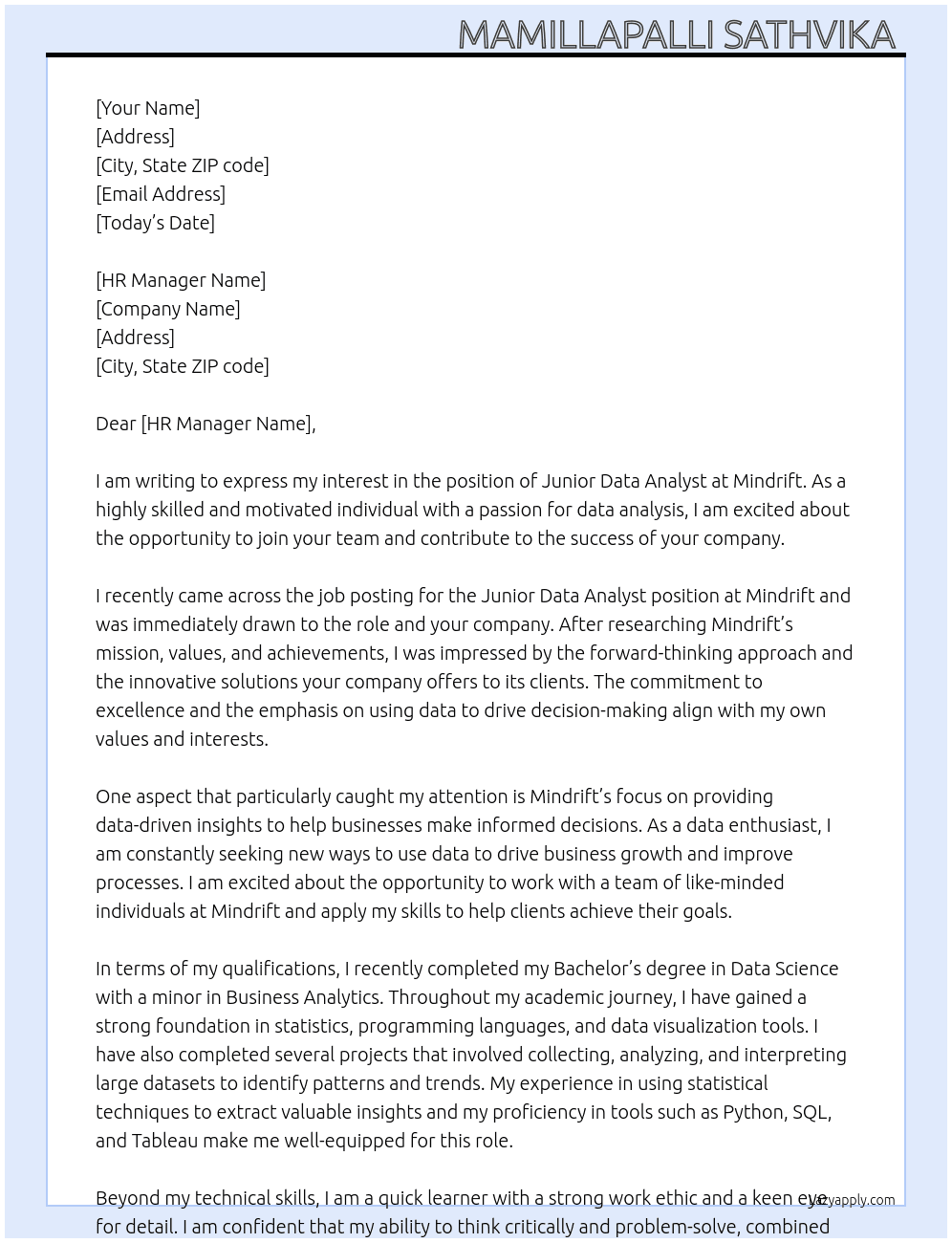 Junior data analyst  At Mindrift  Cover Letter