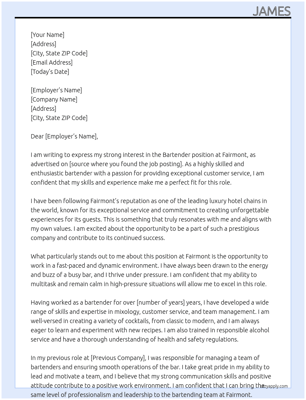 Bartender  At Fairmont Cover Letter