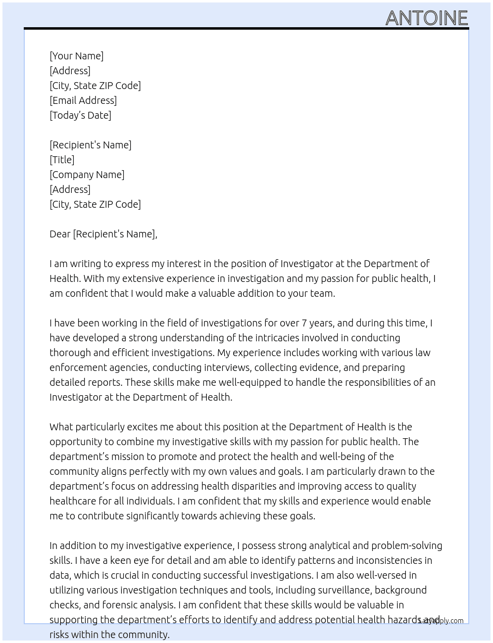 Investigator At Dept of Health Cover Letter