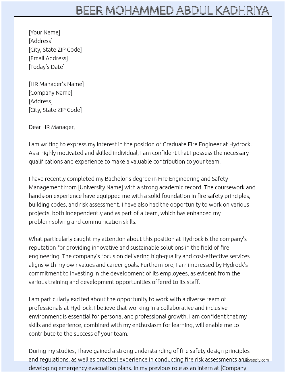 Graduate fire engineer  At Hydrock Cover Letter