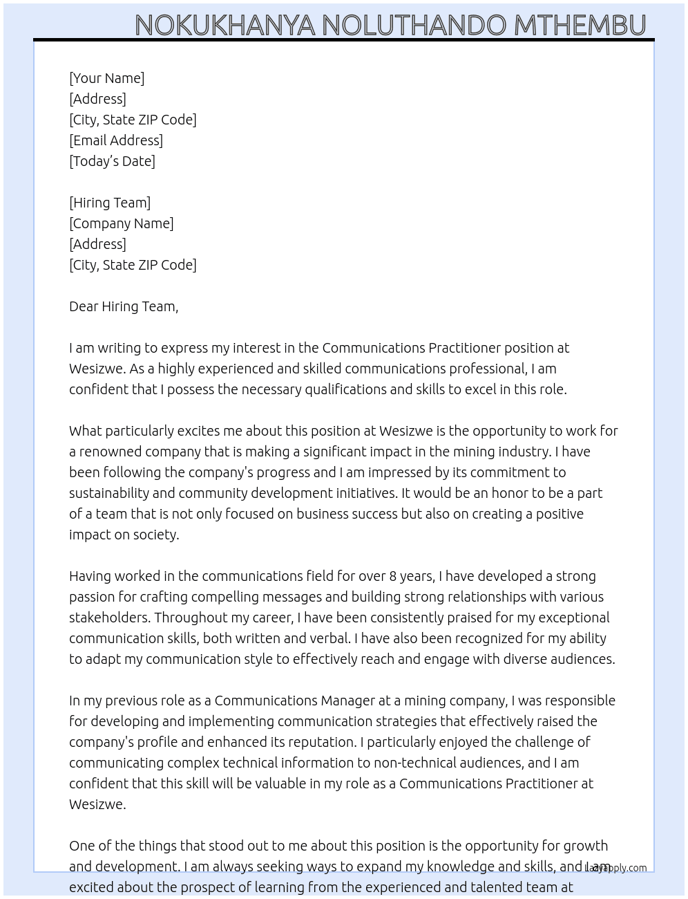 Communications Practitioner At Wesizwe Cover Letter
