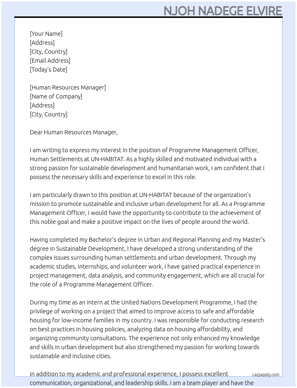 Programme Management Officer, Human Settlements At UN-HABITAT Cover Letter