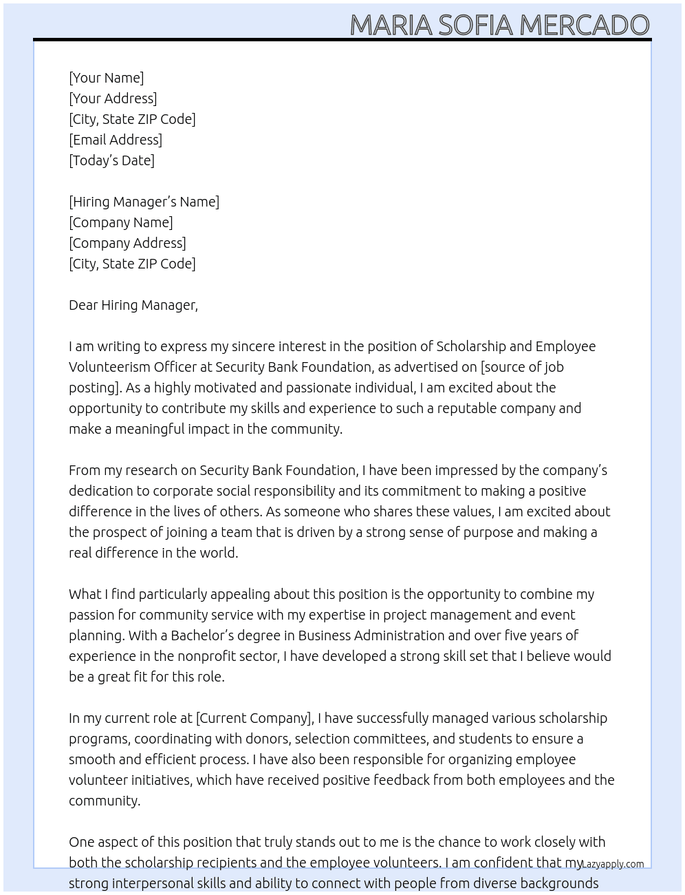 Scholarship and Employee Volunteerism Officer At Security Bank Foundation Cover Letter