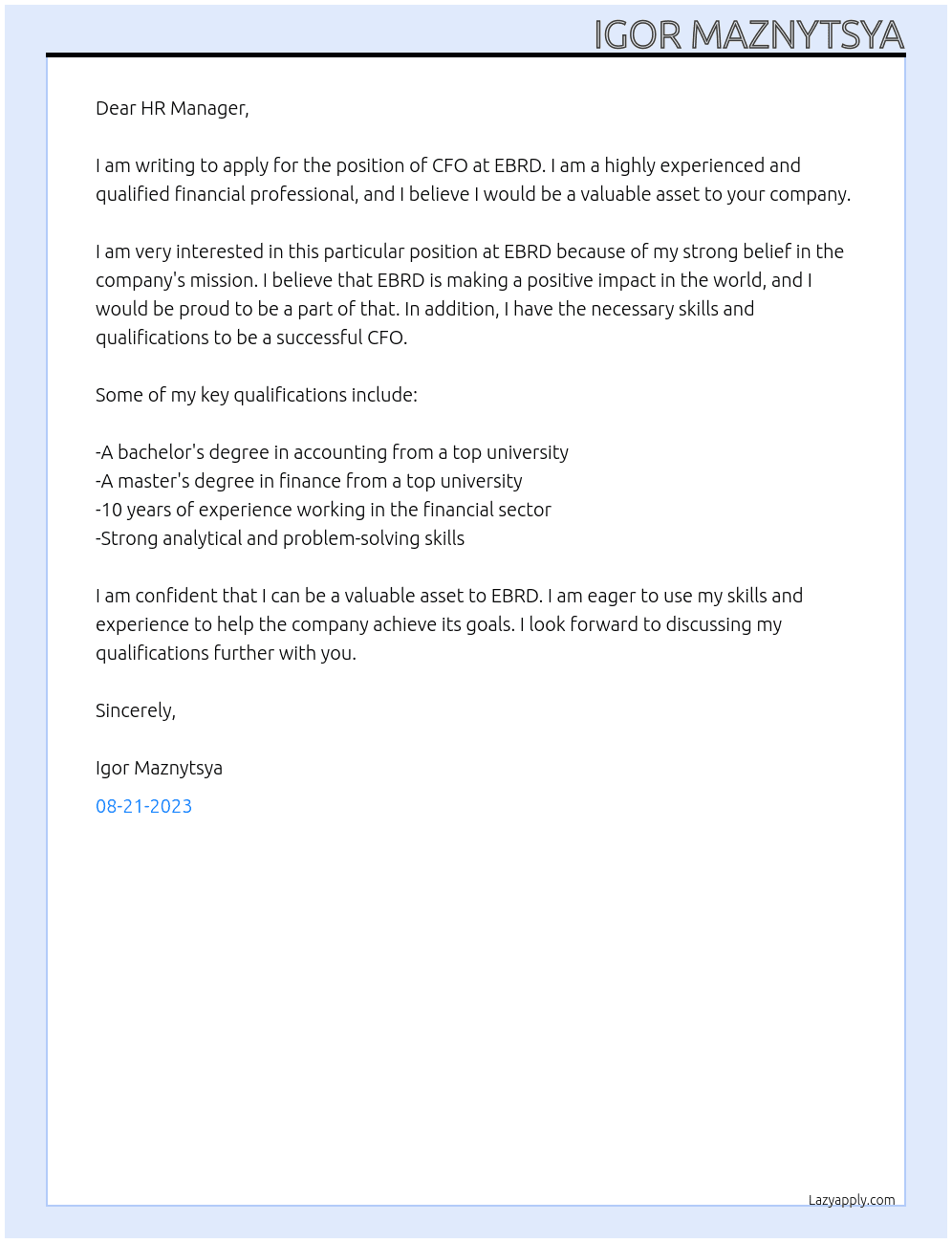 CFO At EBRD Cover Letter