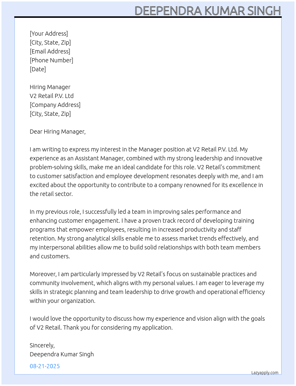 Manager  At V2 Retail p.v.ltd Cover Letter