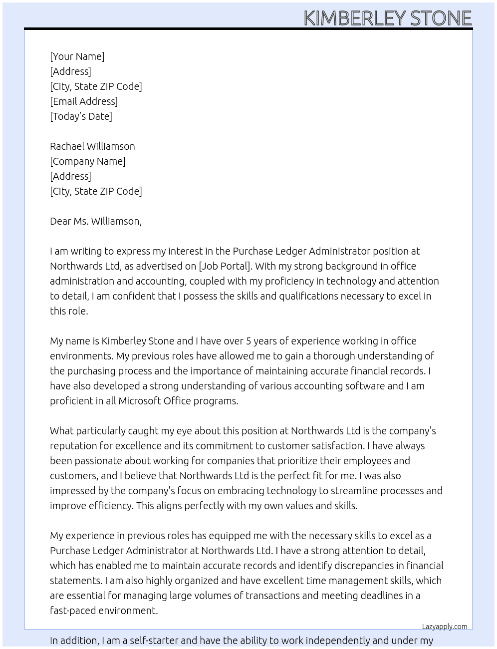 Purchase Ledger Administrator At Northwards Ltd Cover Letter
