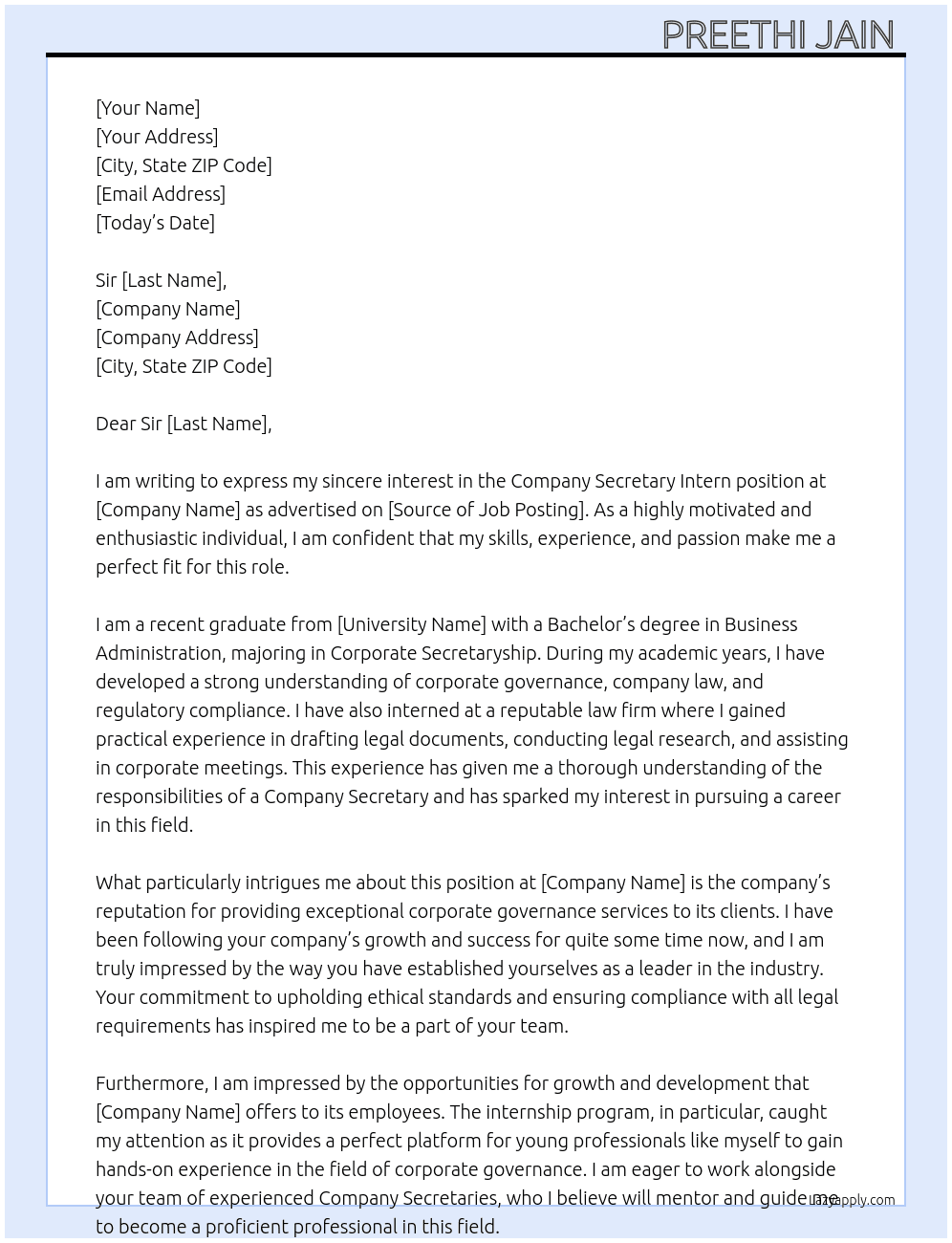 Company secretary intern  At Preethi Jain  Cover Letter