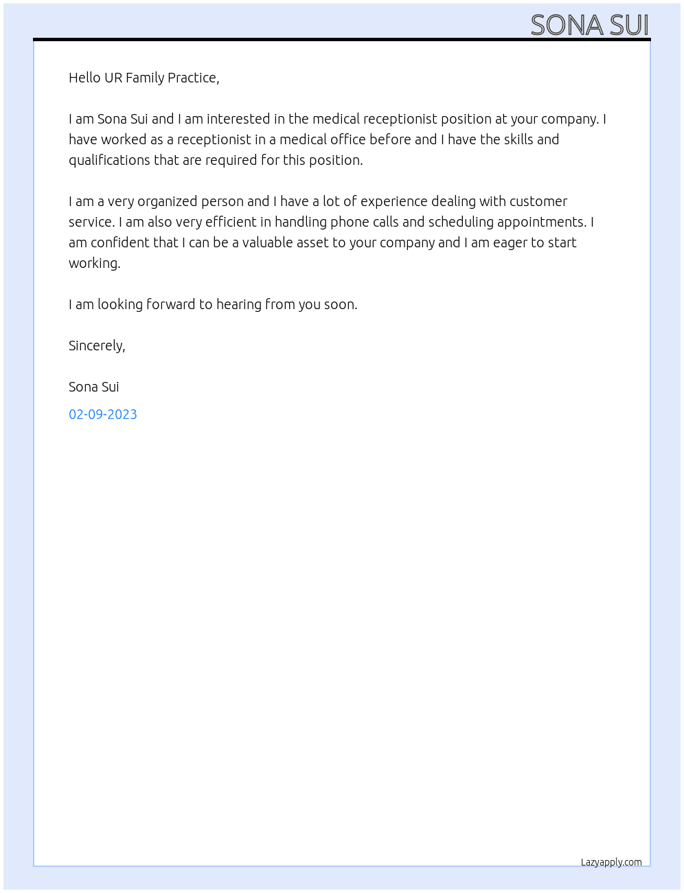 Medical Receptionist At UR Family Practice Cover Letter