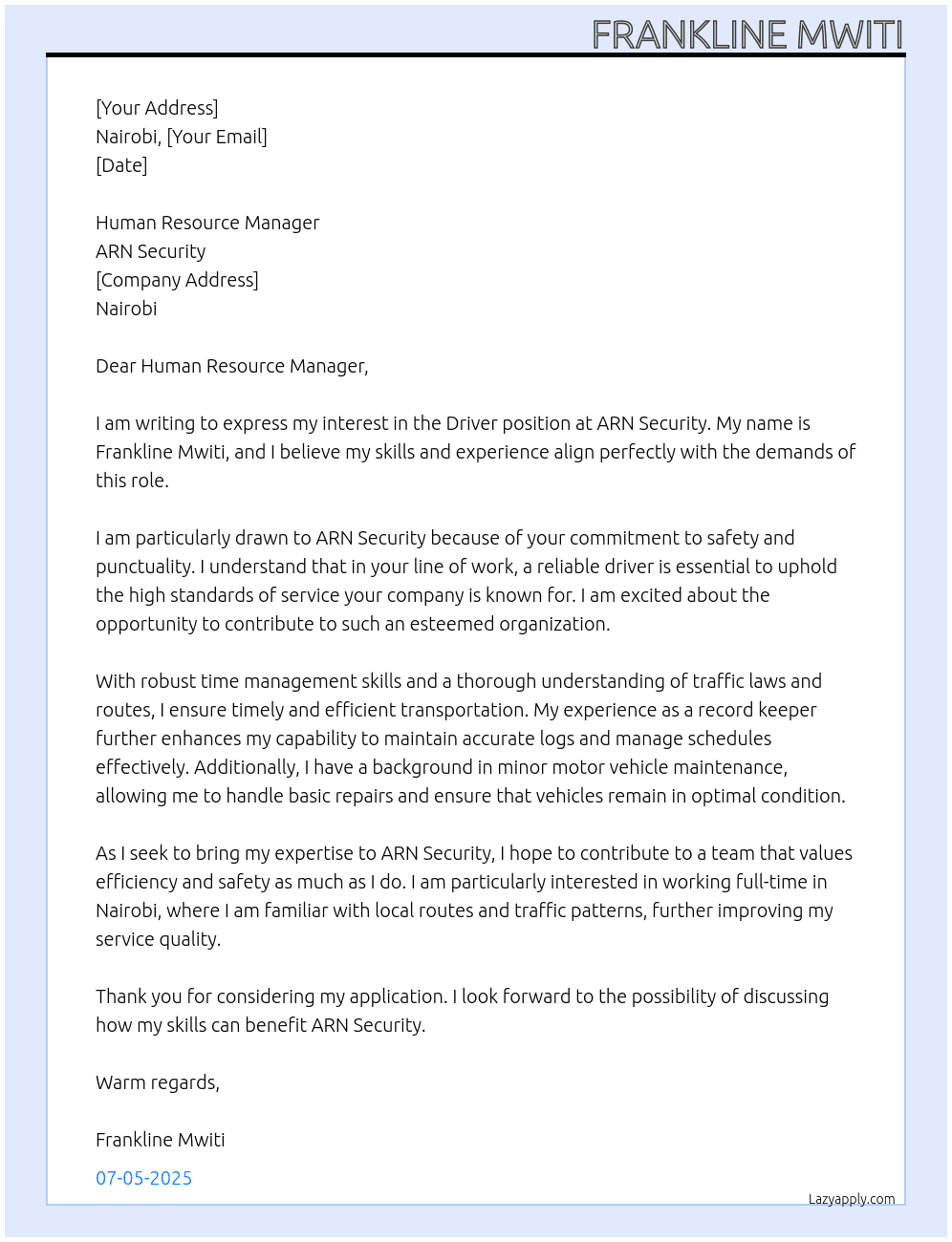 Driver  At ARN security  Cover Letter