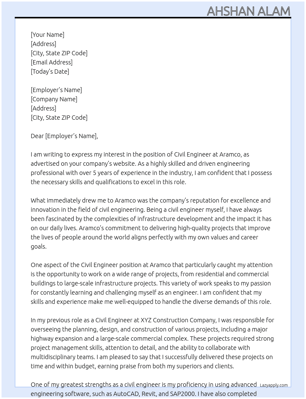 Civil engineer At Aramco  Cover Letter