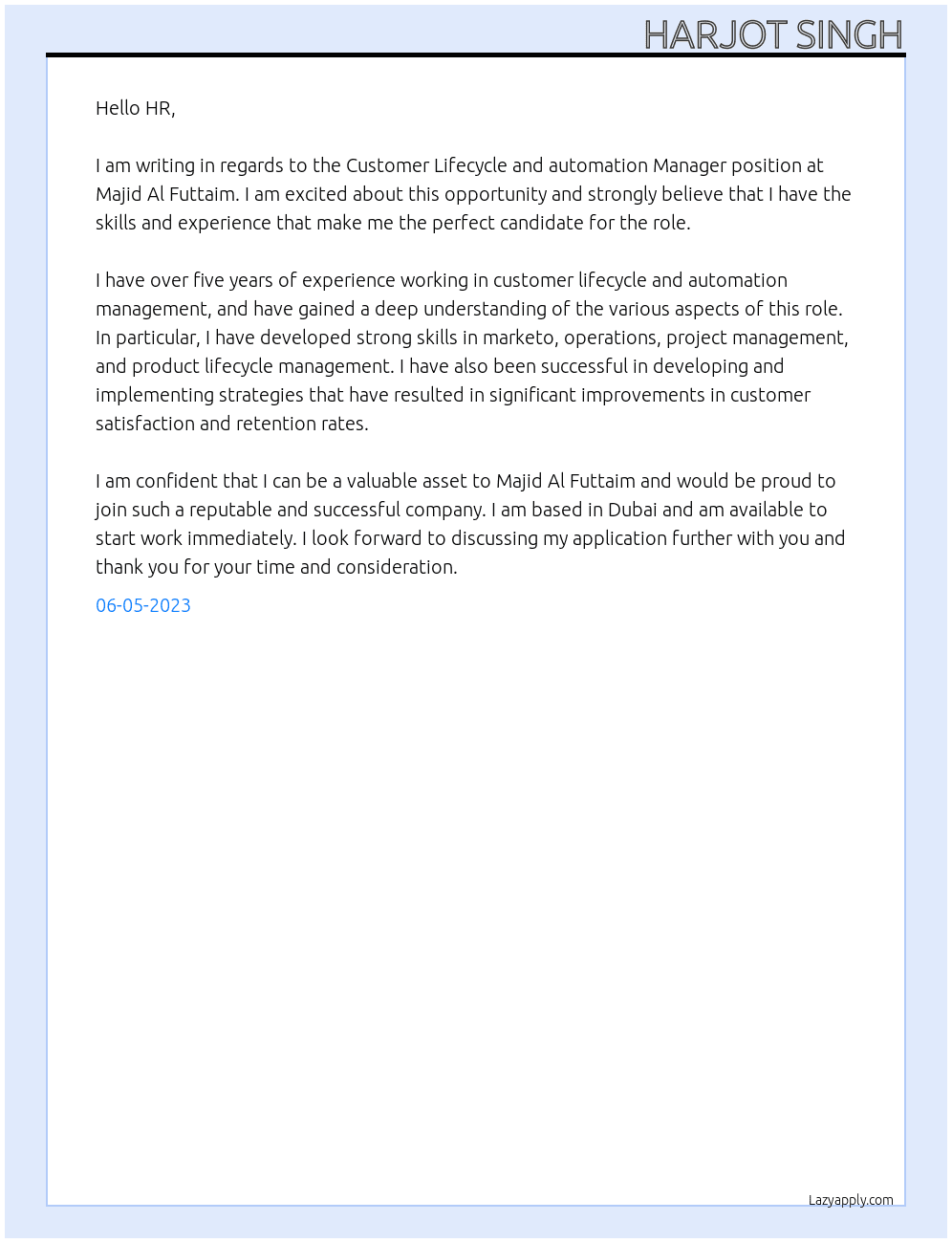 Customer Lifecycle and automation Manager At Majid Al Futtaim Cover Letter