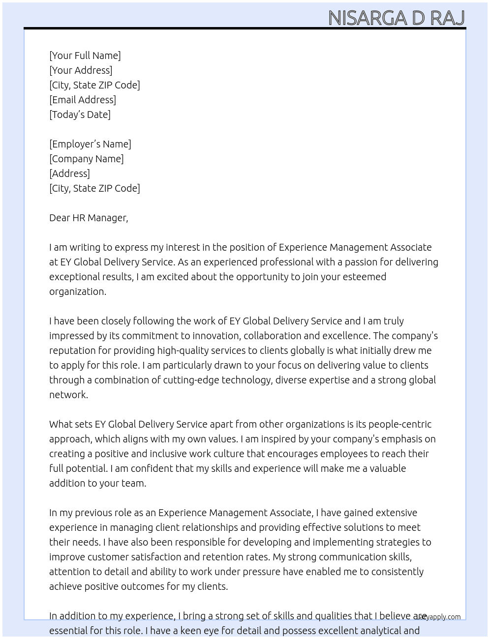 Experience Management Associate At EY Global Delivery service Cover Letter