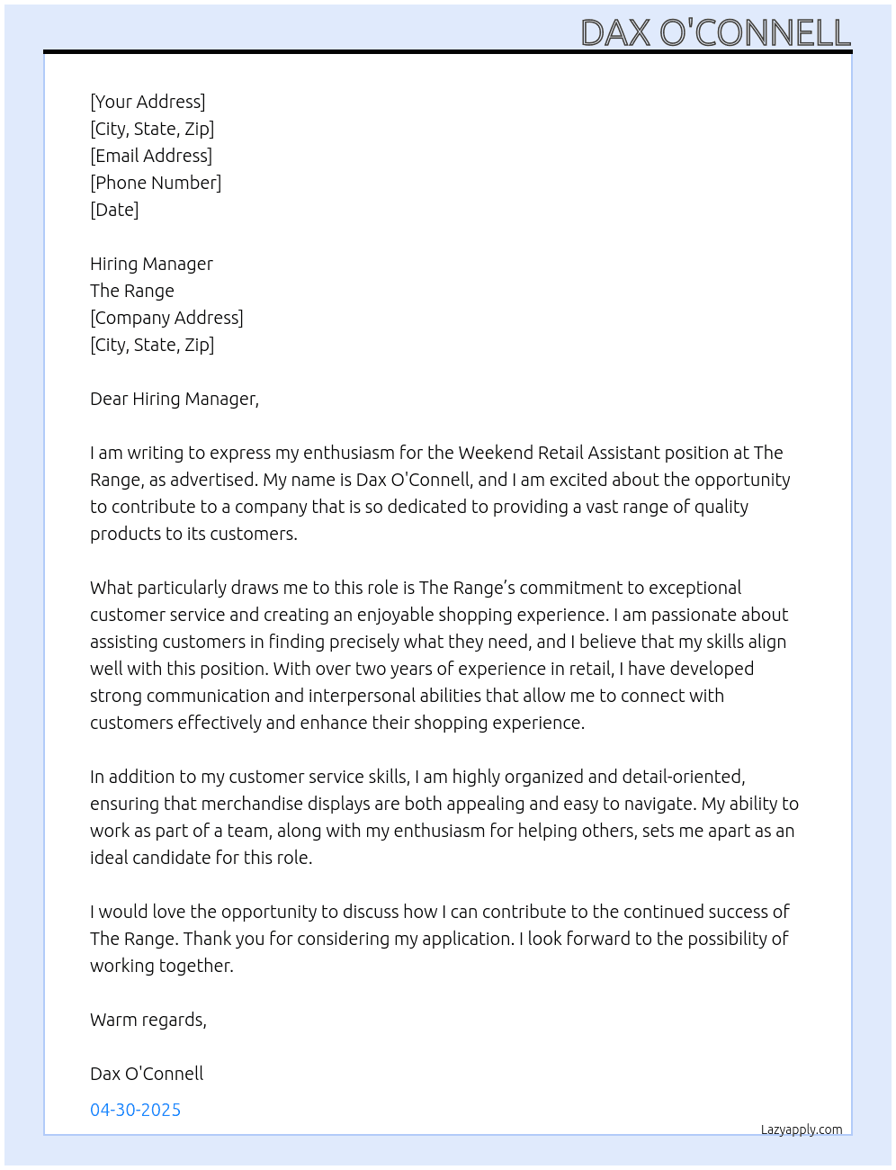 Weekend Retail Assistant At The Range Cover Letter