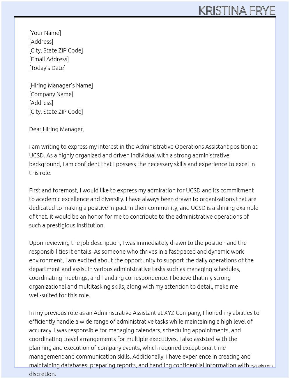 Administrative operations assistant  At Ucsd Cover Letter