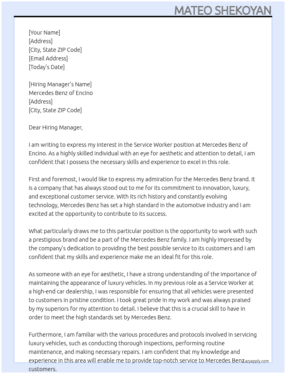 Service worker for Mercedes Benz At Mercedes Benz of Encino Cover Letter