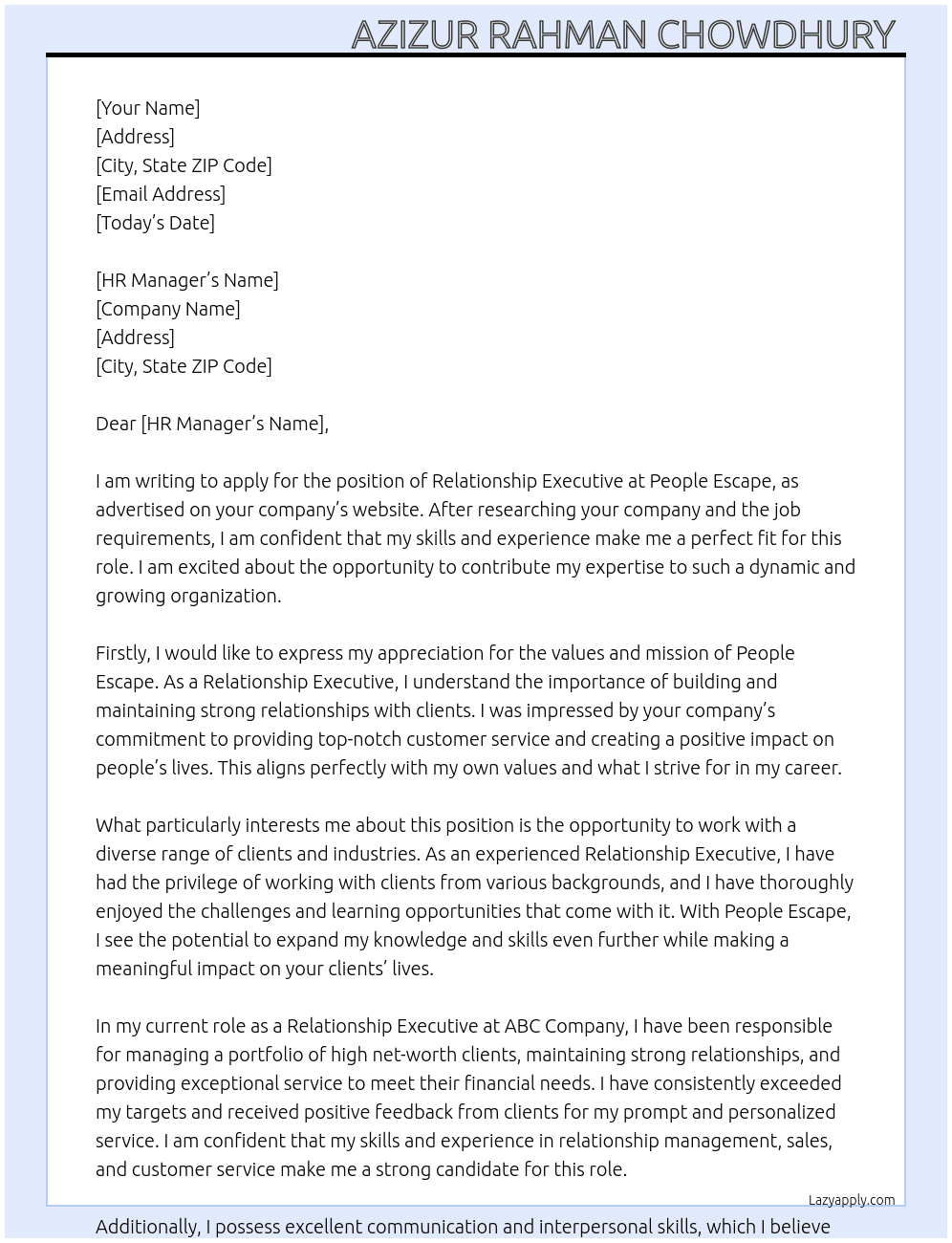 Relationship Executive At People Escape  Cover Letter