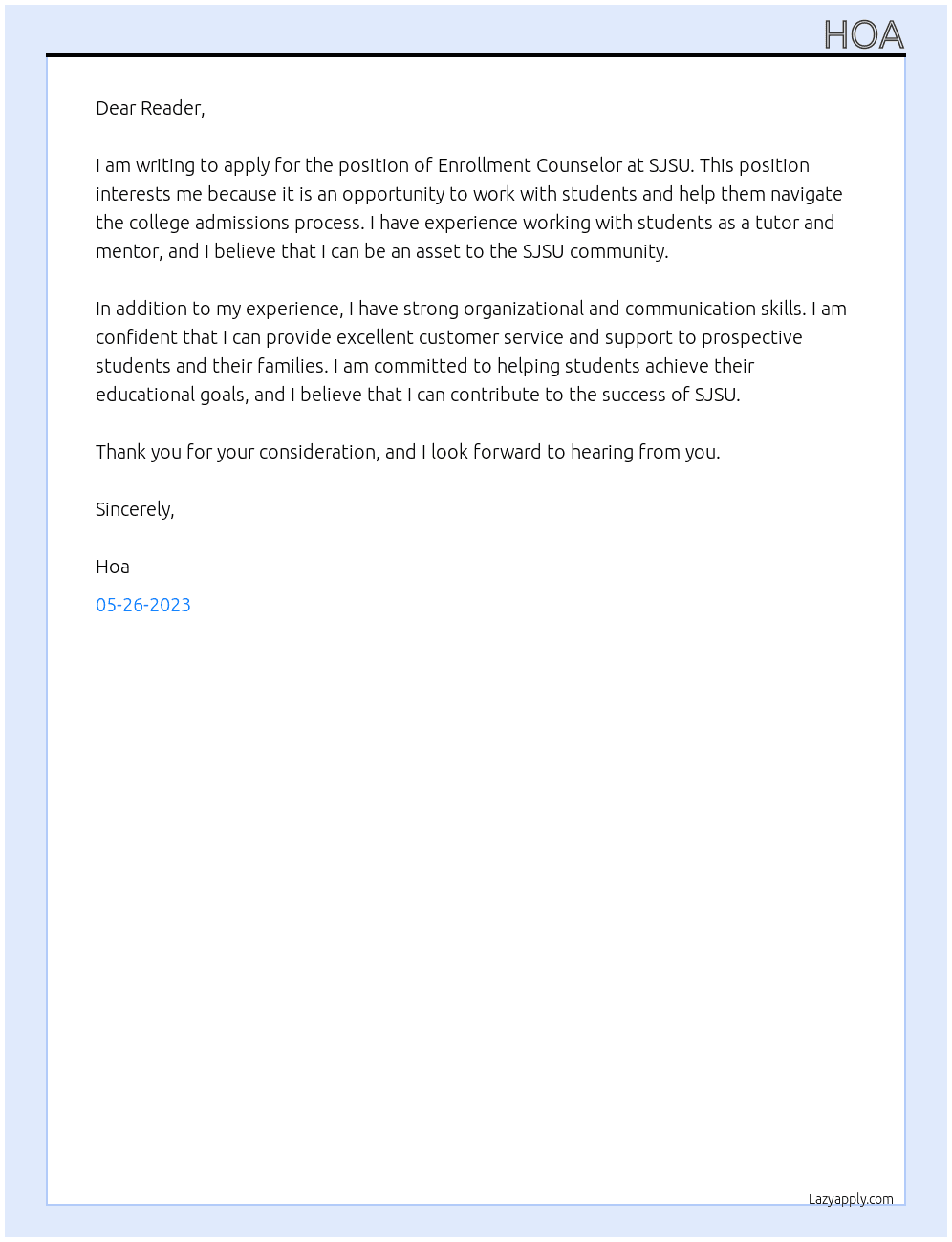 Enrollment Counselor At SJSU Cover Letter