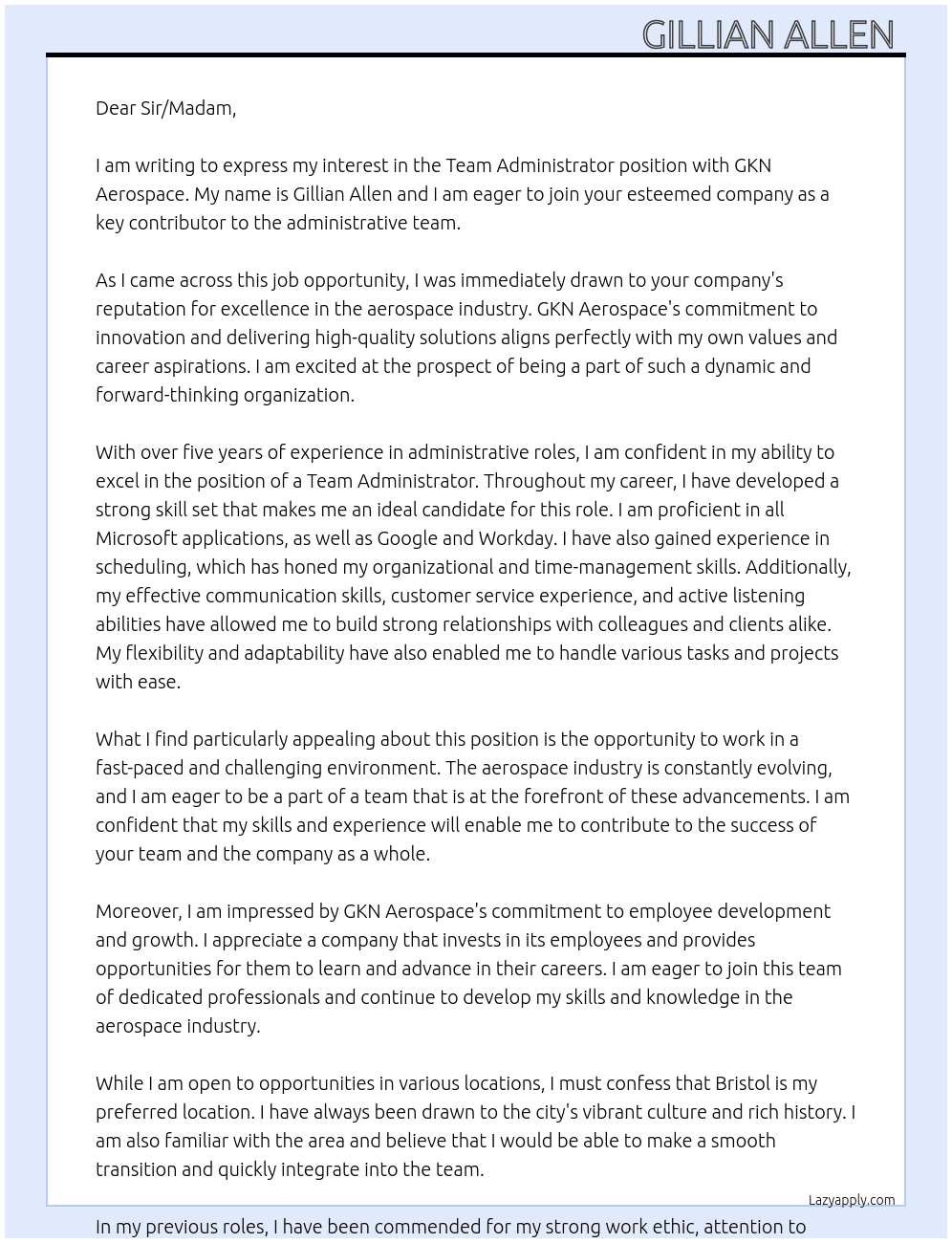 Team administrator At GKN Aerospace Cover Letter