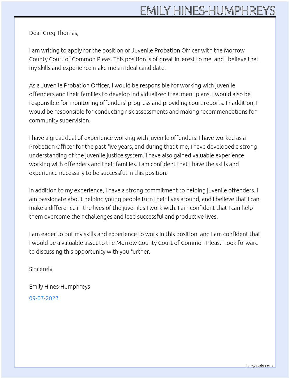Juvenile Probation Officer At Morrow County Court of Common Pleas Cover Letter