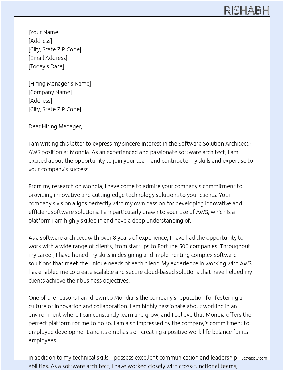 Software Solution Architect - AWS At Mondia Cover Letter