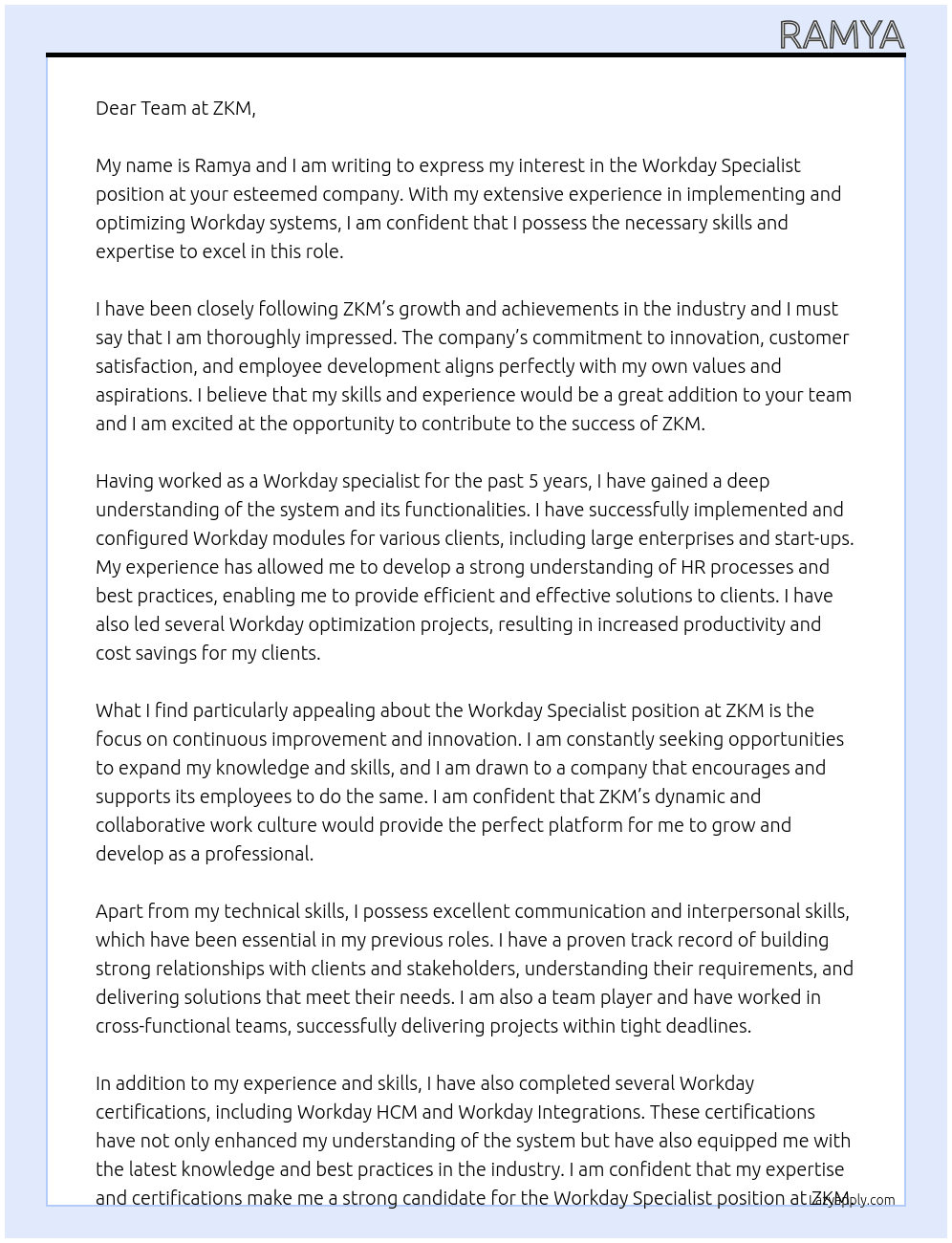 Workday specialist At ZKM Cover Letter