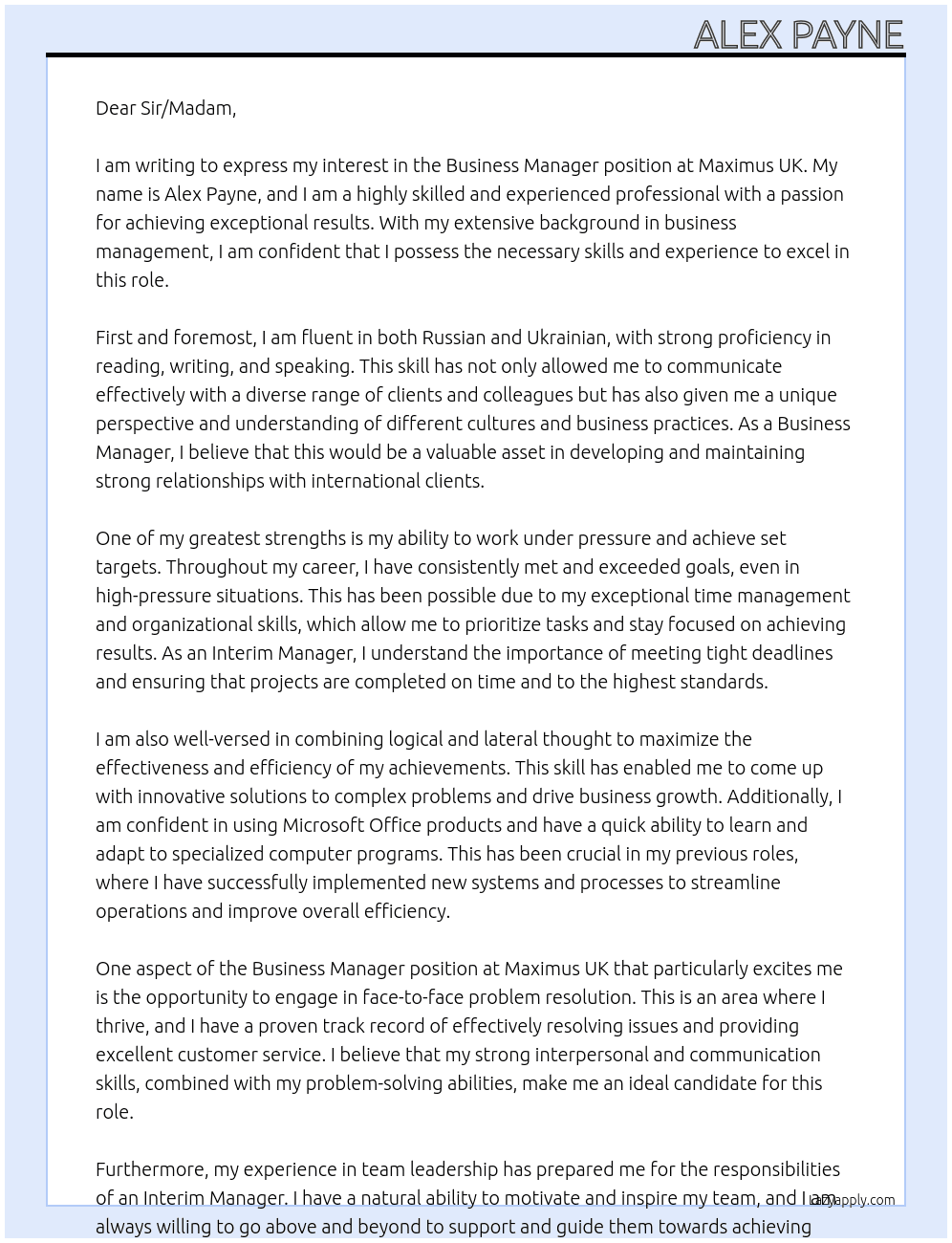 Business Manager At Maximus UK Cover Letter