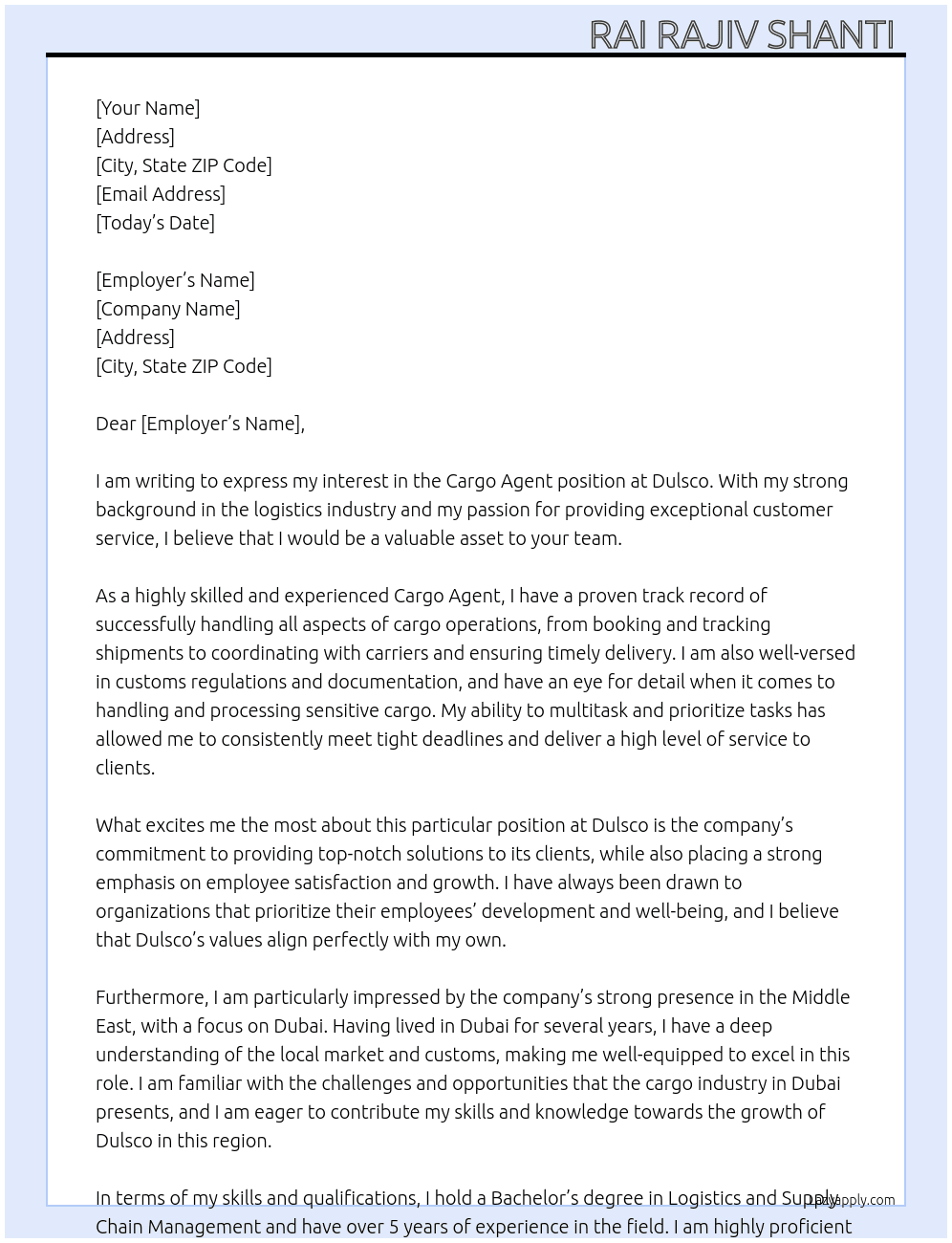 Cargo agent  At Dulsco Cover Letter