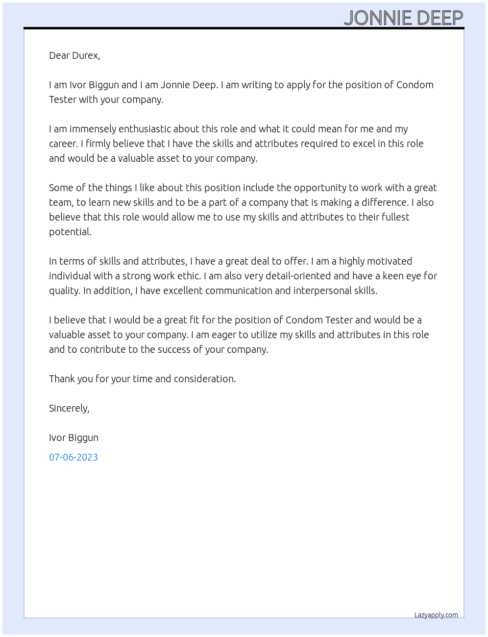 Condom Tester At Durex Cover Letter