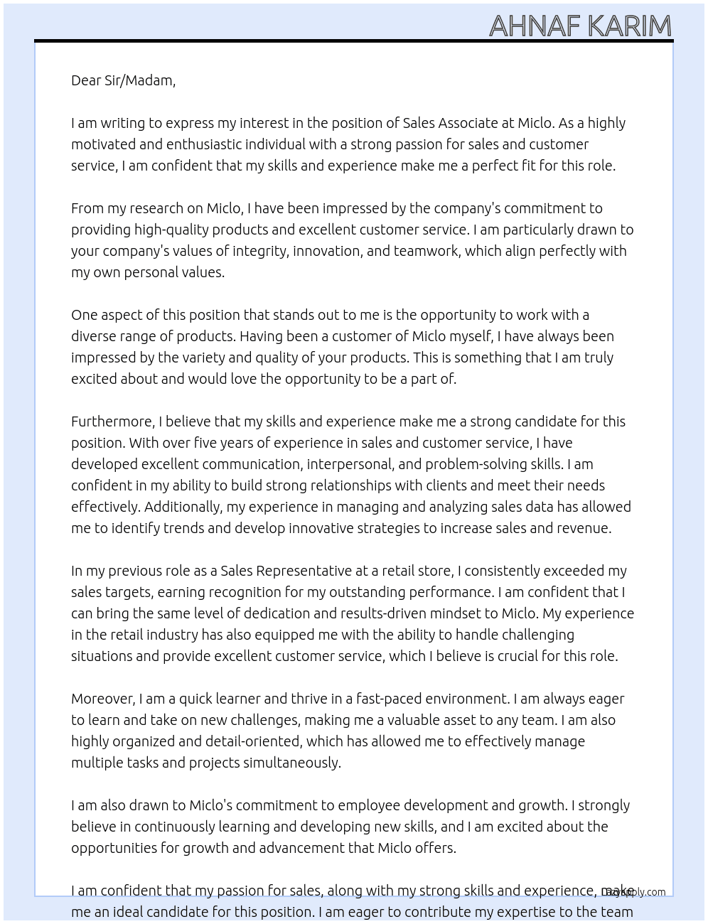 Sales Associate At Miclo Cover Letter