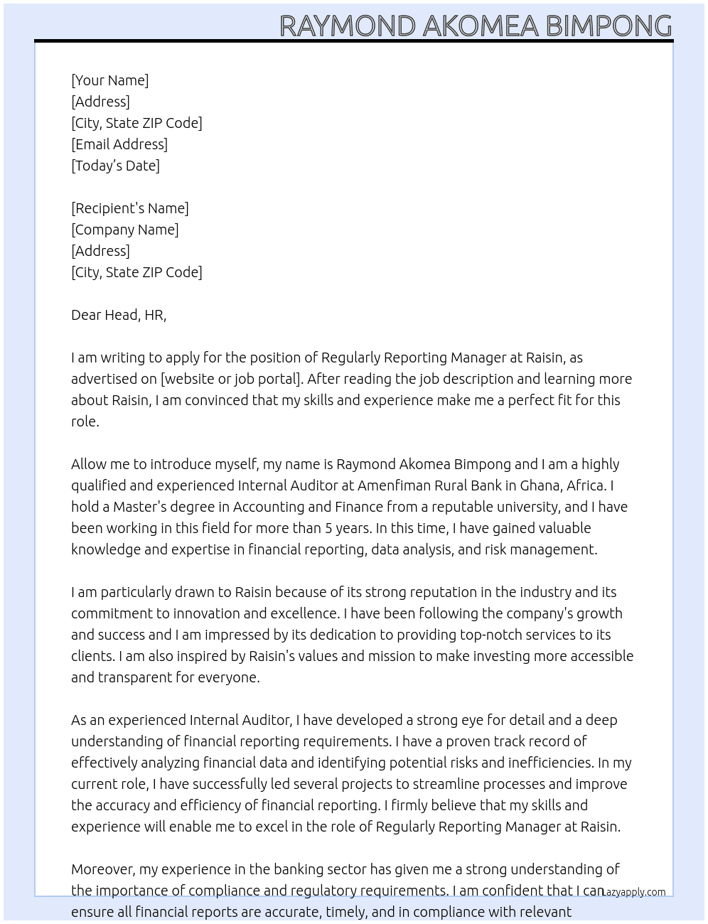 Regularly Reporting Manager At Raisin Cover Letter