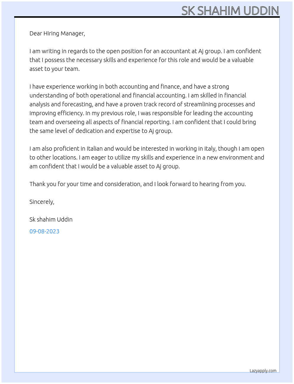 Accounting At Aj group Cover Letter