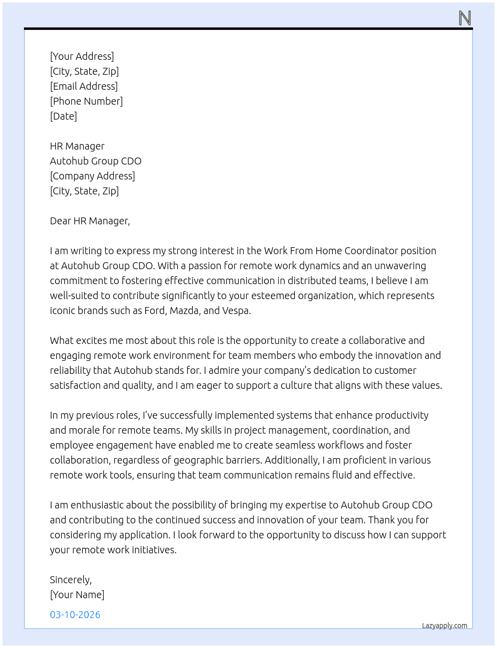 Cover letter for work from home coordinator - LazyApply