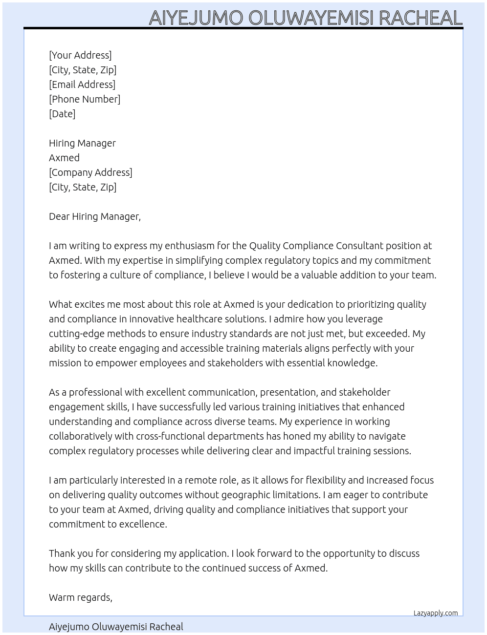 Quality Compliance Consultant   At Axmed Cover Letter