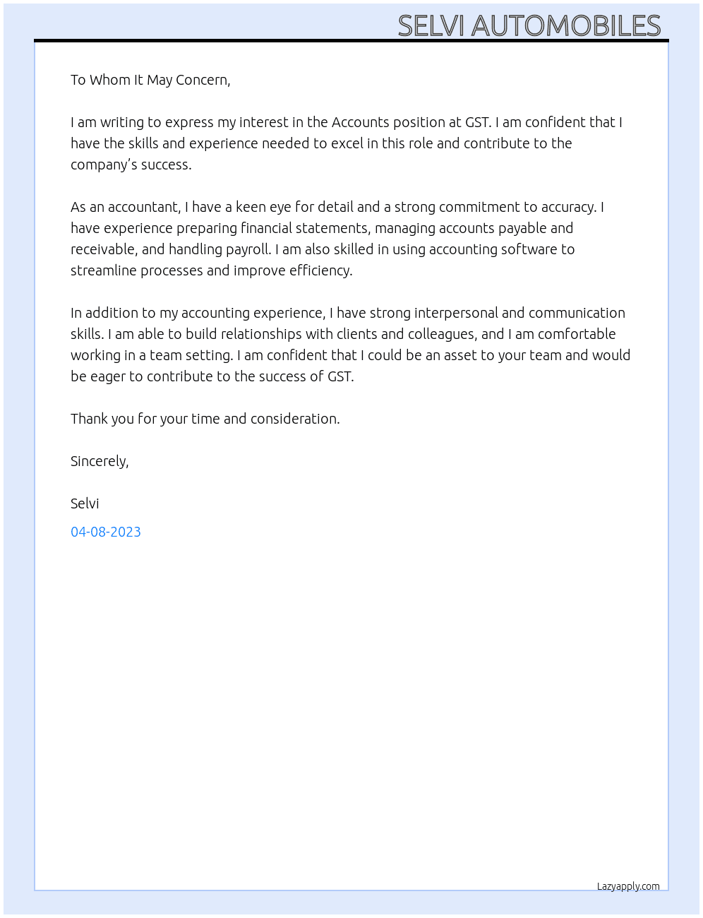 accounts  At gst Cover Letter