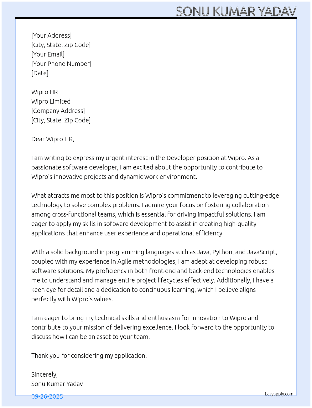 Developer  At Wipro  Cover Letter